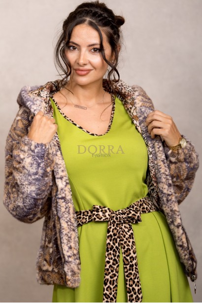 Jacheta captusita Elba din blana ecologica animal print, masuri mari, inchidere cu fermoar